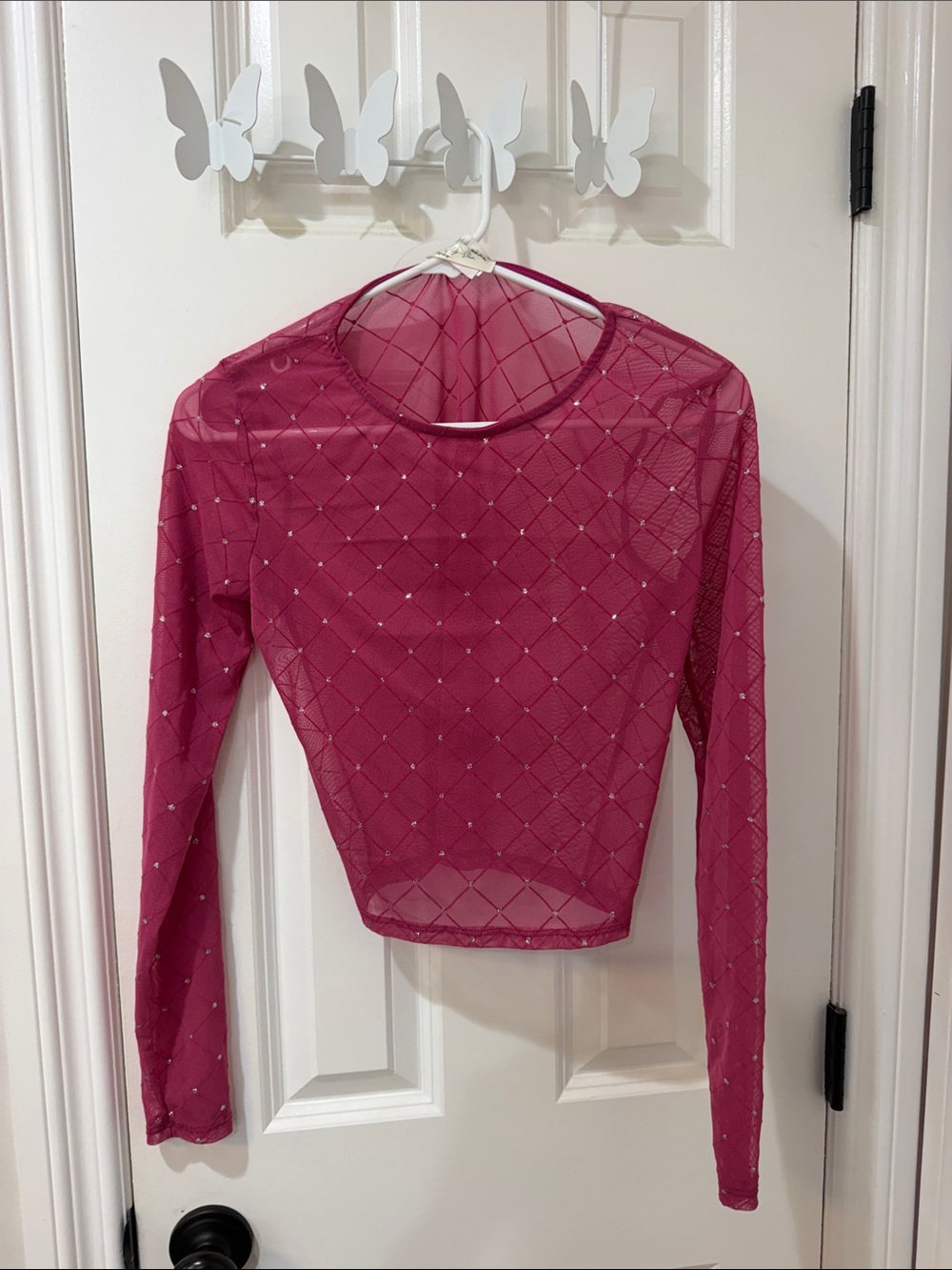Liz Claiborne Pink Sheer Long-Sleeve Mesh Top with Embellished Grid